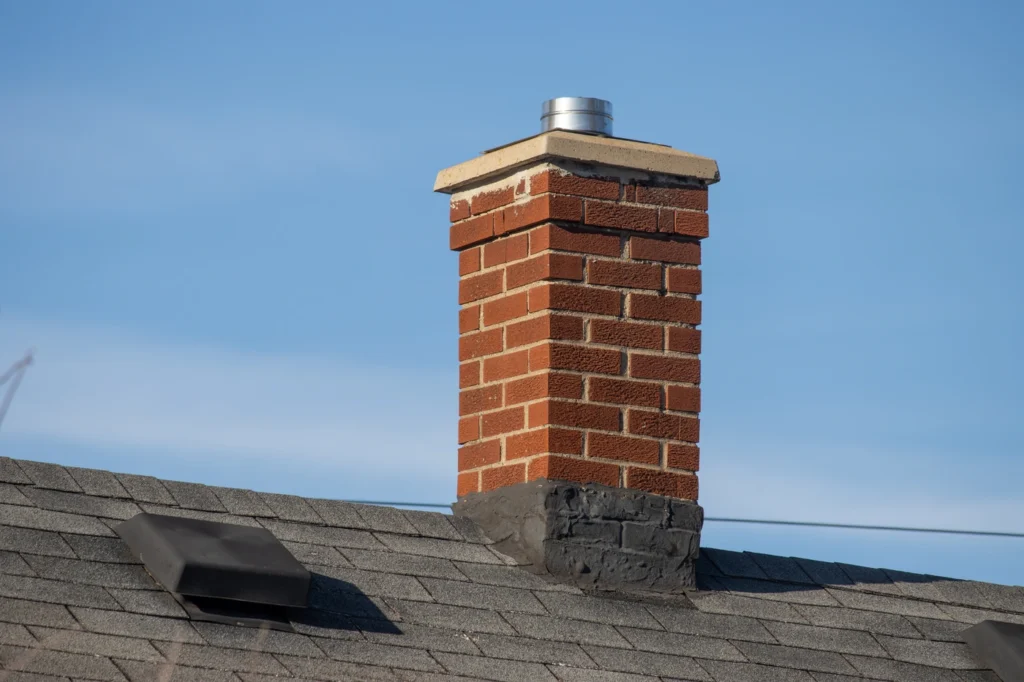 A red brick chimney with a metal cap rises from a shingled roof against a clear blue sky