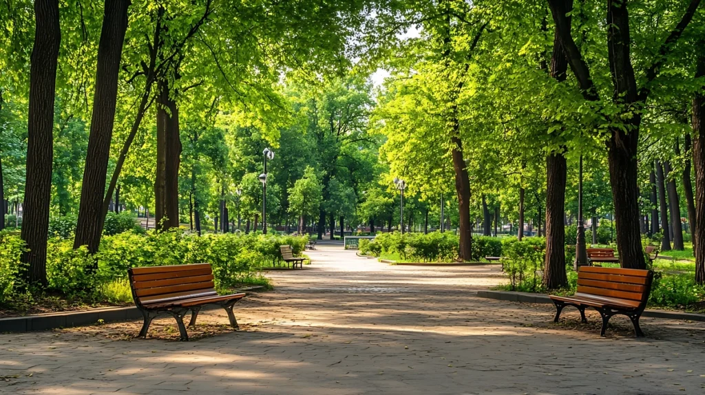 A serene park scene in King of Prussia features a paved path lined with tall green trees and wooden benches. Sunlight filters through the leaves, creating a peaceful and inviting atmosphere—one of the delightful things to do in King of Prussia.