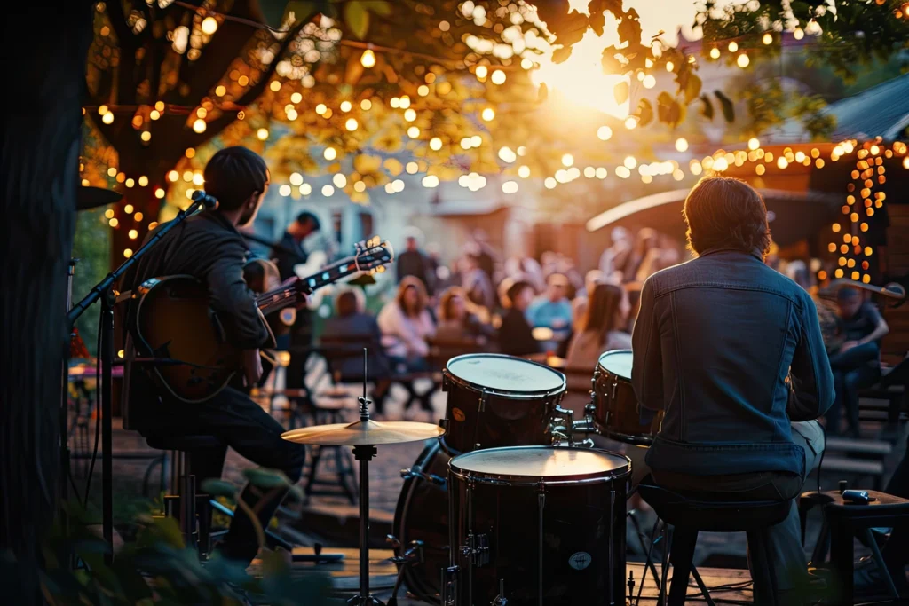 A live outdoor music performance at sunset in King of Prussia features two musicians on stage with guitars and drums. String lights illuminate the scene, and a blurred audience gathers under trees, creating a warm and inviting atmosphere—perfect for anyone seeking things to do in King of Prussia.