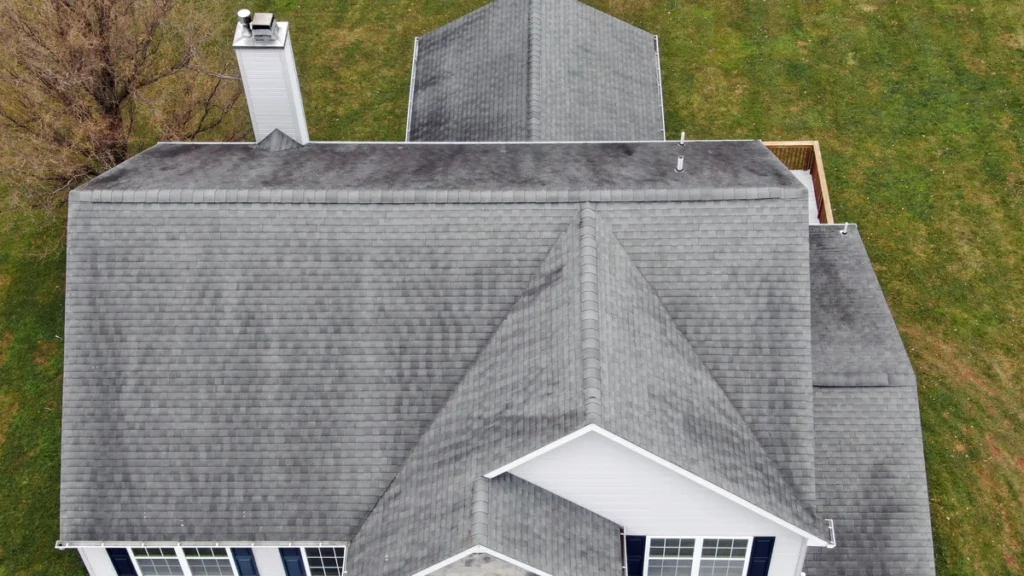 Roof inspection cost - downward aerial view of full shingle roof