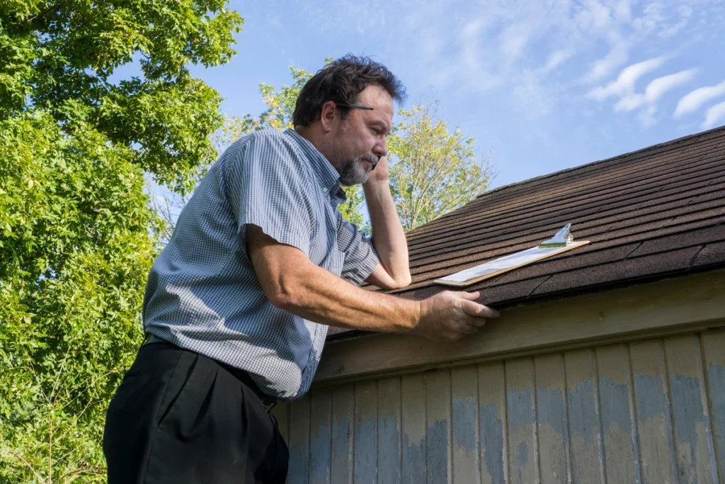 a roofer looks at his clipboard on a roof