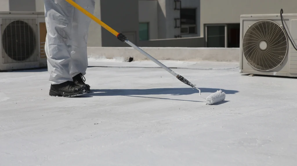 white roof coating process by worker