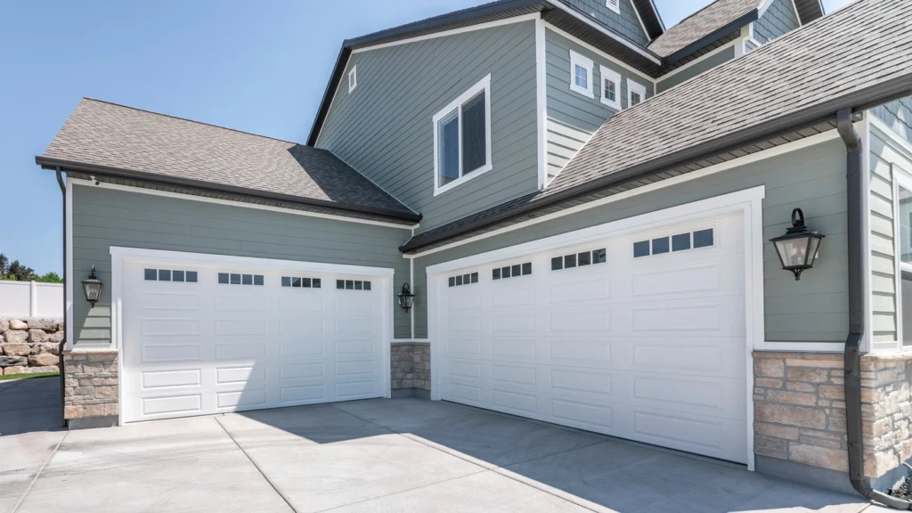 Modern house exterior featuring light gray CertainTeed siding colors, stone accents, and two large white garage doors