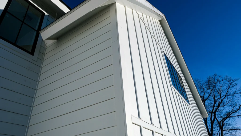 Close up view of a modern white house showcasing CertainTeed vinyl siding