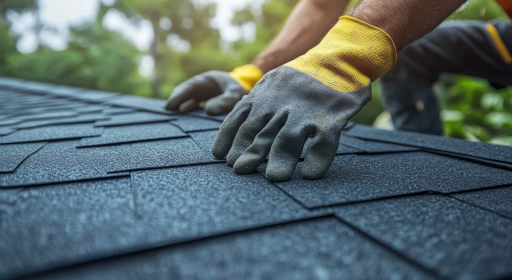 close up to placing new black shingles on roof