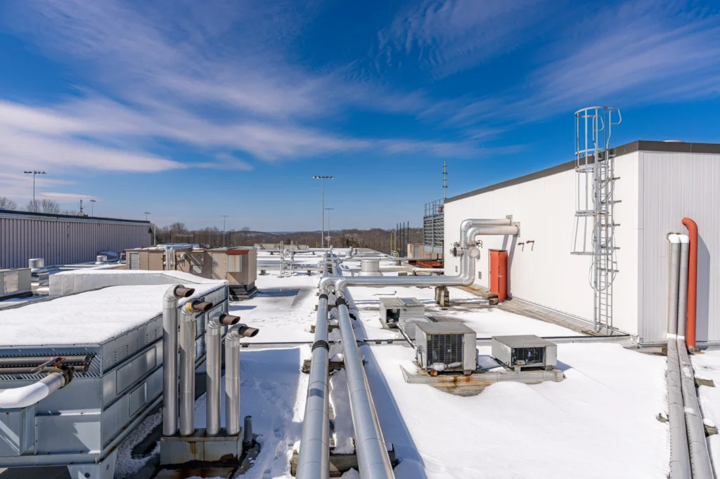 roof view of new commercial tpo roof installation in conshohocken