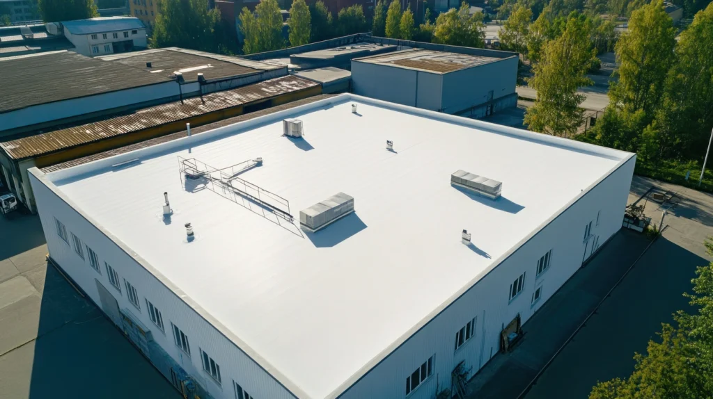 aerial view of new tpo roof installation in havertwon pa