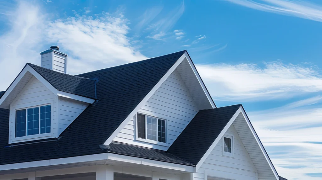 A modern house with a dark grey roof and white siding stands elegantly against a blue sky with wispy clouds. The expertly crafted roofing, available through Springfield’s premier roofing service, features multiple gables and a chimney alongside the large windows enhancing the house's charm.