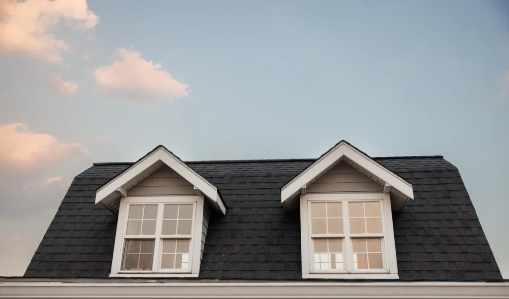 A Doylestown roofing scene features a rooftop with two dormer windows under a blue sky with scattered clouds, capturing the peaceful ambiance of a clear day.
