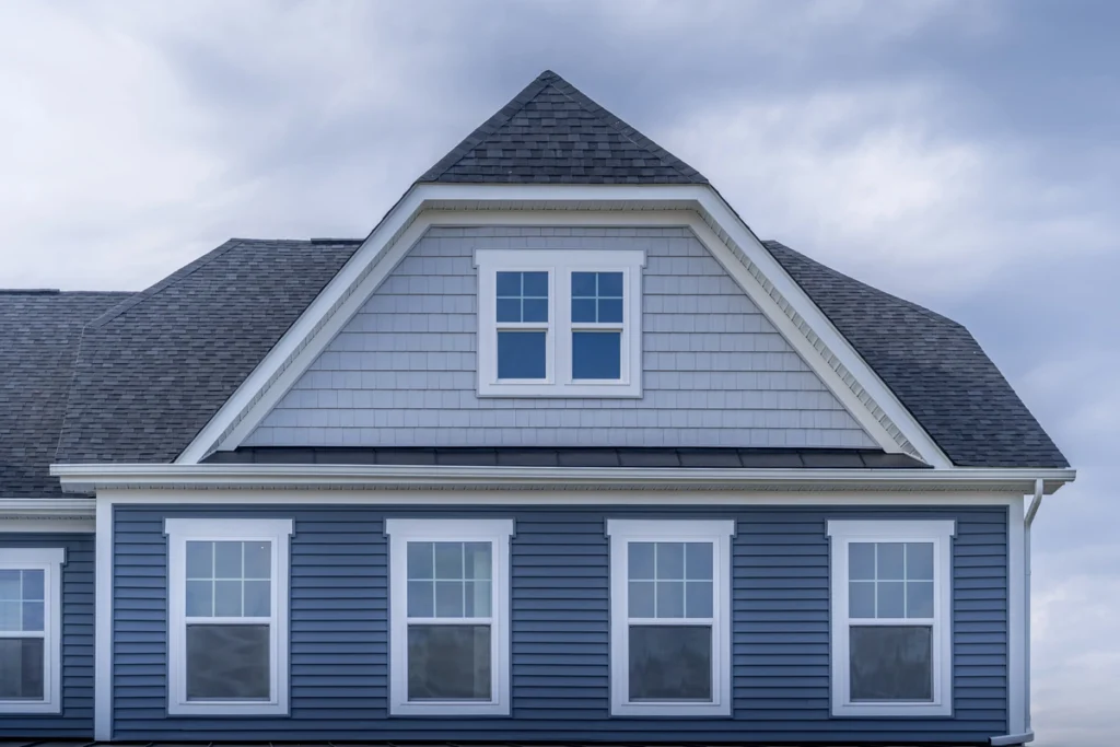 A two-story blue house with gray shingles and white trim, featuring large windows and a gabled roof crafted by Eagleville Roofing, sits elegantly beneath a cloudy sky.