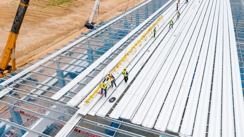 Aerial view of construction workers installing large white panels on a building's metal framework. A crane is visible on the left, lifting materials. The site includes safety harnesses and equipment