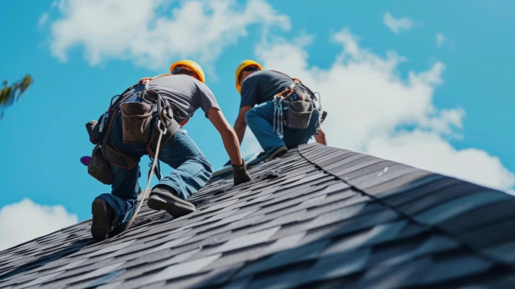 Two workers from Eagleville Roofing, wearing safety gear and yellow helmets, methodically install shingles on a sloped roof under a blue sky dotted with clouds. Their tool belts are stocked as they focus intensely on their precise task.