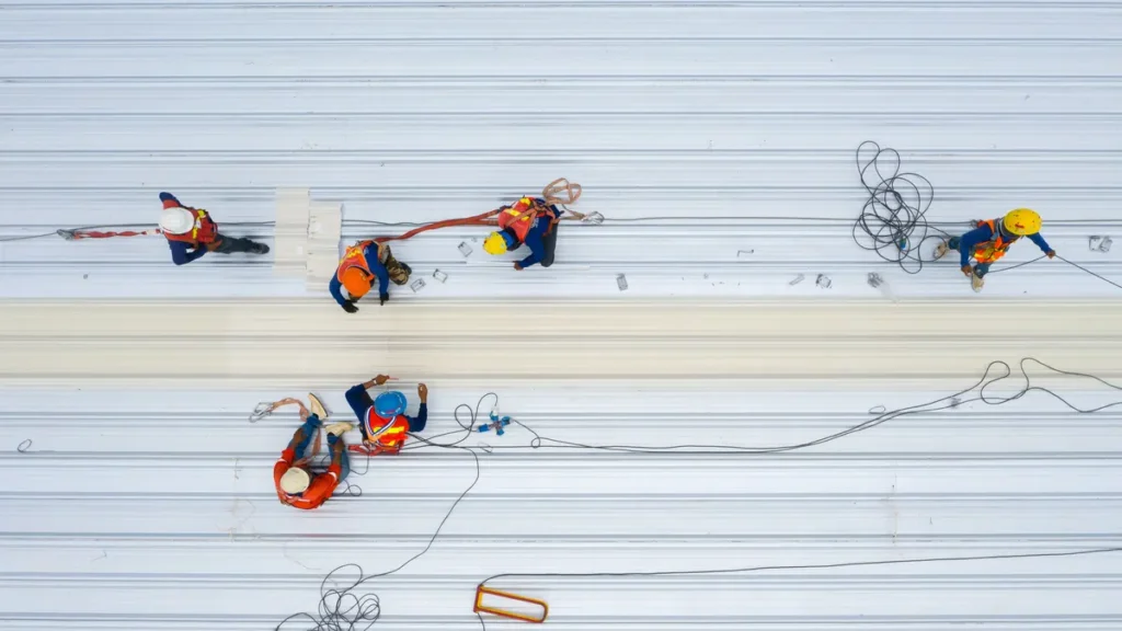A top-down view of five construction workers wearing safety helmets and vests working on a large metal roof. They are positioned at various points, with ropes and equipment visible around them.