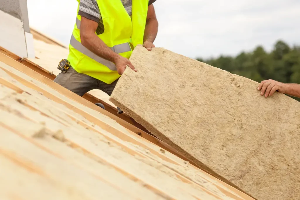 Two people in high-visibility vests are installing large pieces of insulation on a sloped roof. One person kneels, holding an insulation panel, while another hands it over. A forest is visible in the background under a cloudy sky.