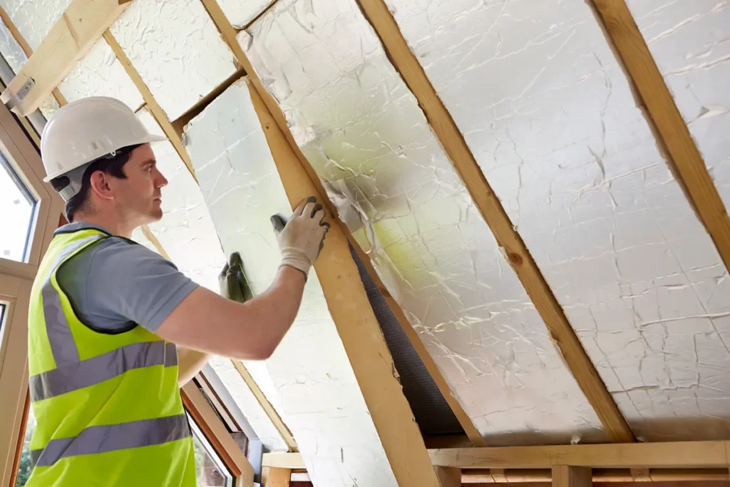 A construction worker in a high-visibility vest and helmet installs insulation panels in the roof rafters of a building. Sunlight filters through a nearby window, illuminating the workspace.