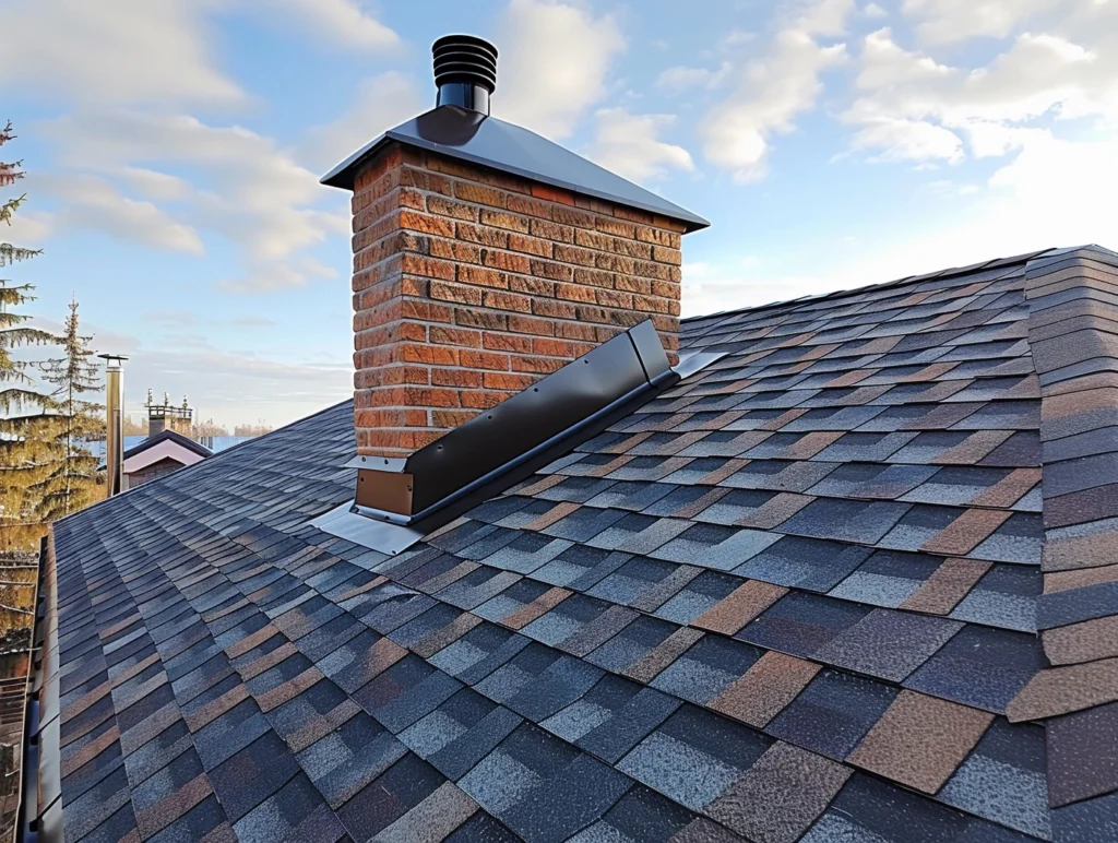 A brick chimney with flat roof flashing and a black metal cap rises from a sloped roof covered in multicolored asphalt shingles
