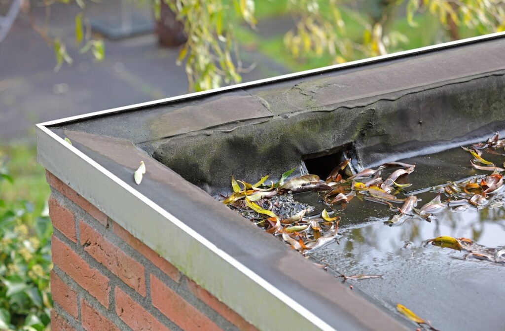 A brick structure with a flat roof, partially covered in water and fallen leaves. The edge of the roof is lined with metal, and a small drainage hole is visible. Surrounding trees are slightly blurred in the background.