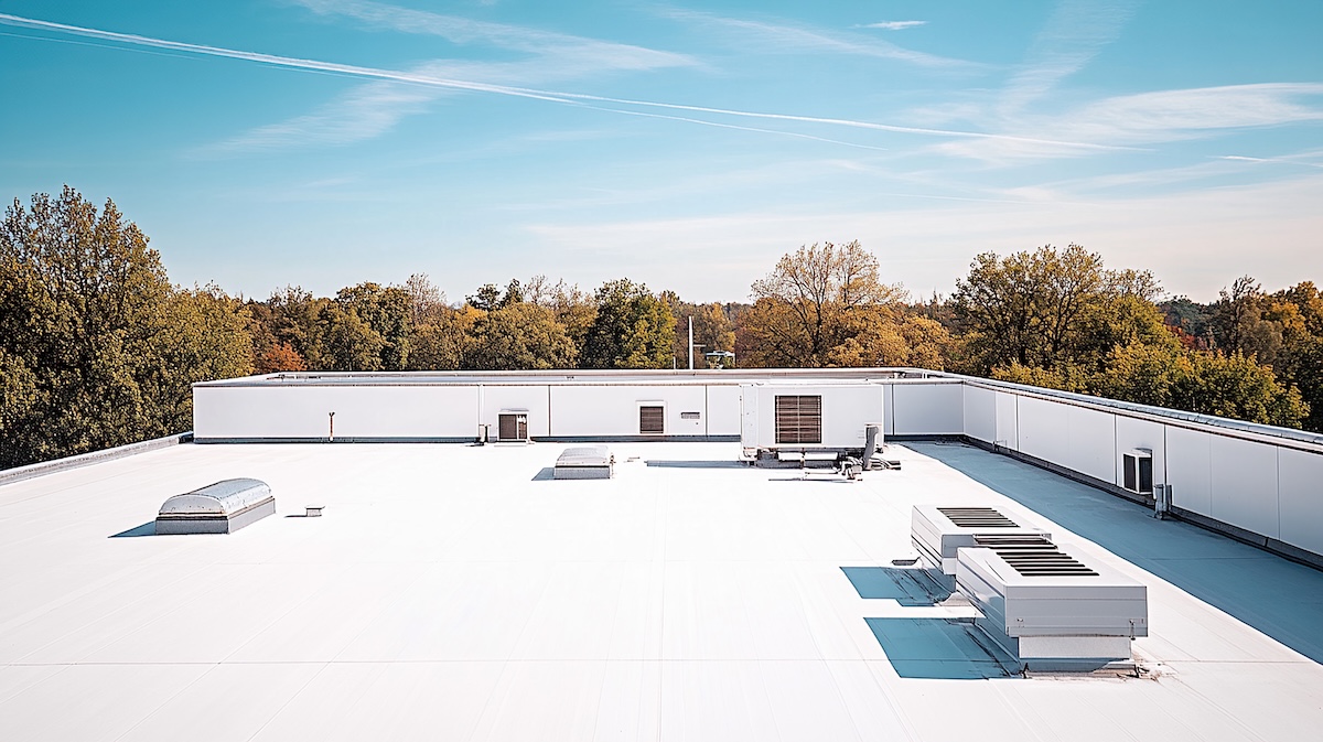 Flat white TPO rooftop with ventilation units and skylights, surrounded by trees with autumn-colored foliage.