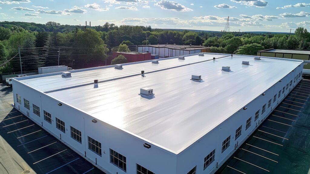 Aerial view of a large white industrial building with a flat, reflective roof. 