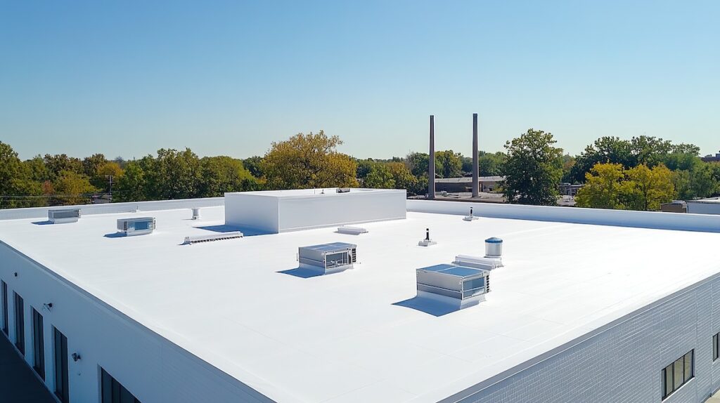A flat white commercial building roof that features multiple HVAC units and vents, surrounded by trees and industrial chimneys under a clear blue sky.