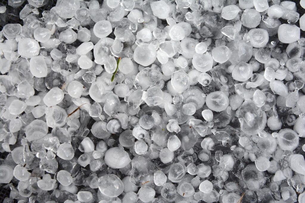 A close-up view of numerous pieces of hailstones scattered on the ground