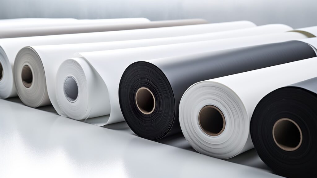 Several large rolls of black and white roofing material