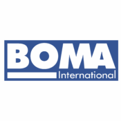 Blue rectangular logo with large white text "BOMA" and smaller white text "International" underneath, aligned to the right with a thick white line beneath "BOMA.