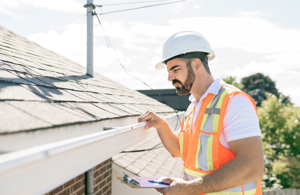 A man wearing a white hard hat, white polo shirt, and orange reflective vest inspects a house gutter with a clipboard, using a roof storm damage checklist as he stands next to the roof on a sunny day.