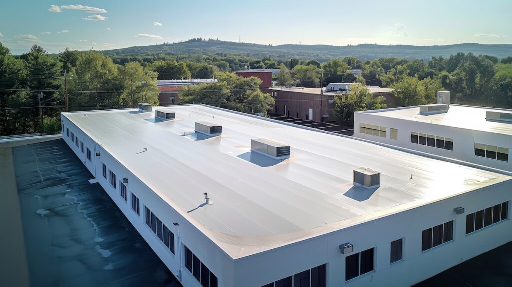 Seamless white TPO commercial flat roof of factory, summer day. 