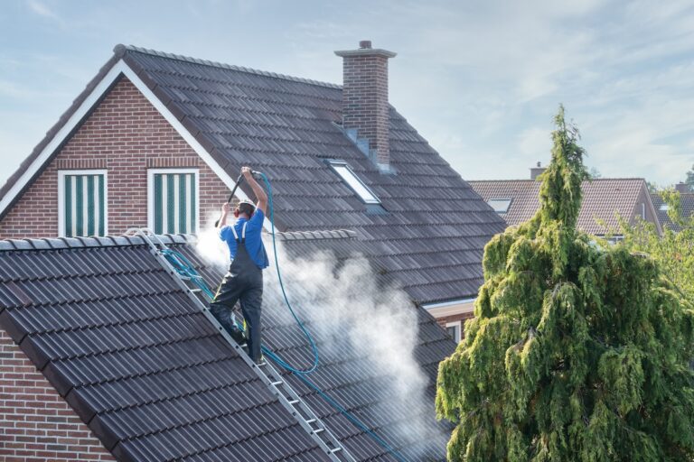 A worker in overalls stands on a ladder, power washing the roof tiles of a brick house, creating clouds of cleaning spray, with a green tree in the foreground.